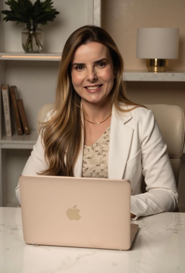 Dra. Flávia Viana usando jaleco branco, sorrindo com confiança em seu consultório
